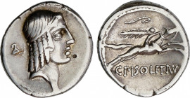 Calpurnia
Denario. 90-89 a.C. CALPURNIA. L. Calpurnius Piso Frugi. Anv.: ¶XXVII. Rev.: XCIV - L. PISO FRVG / ROMA en monograma. 3,88 grs. AR. Cal-306...