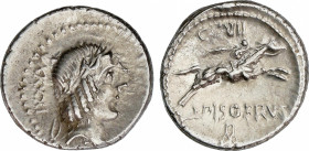 Calpurnia
Denario. 90-89 a.C. CALPURNIA. L. Calpurnius Piso Frugi. Anv.: ¶XXXXI. Rev.: CXVII - L. PISO FRVG / ROMA en monograma. 3,95 grs. AR. (Limpi...
