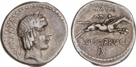 Calpurnia
Denario. 90-89 a.C. CALPURNIA. L. Calpurnius Piso Frugi. Anv.: ¶XXXXVII. Rev.: CXV - L. PISO FRVGI / ROMA en monograma. 3,89 grs. AR. Cal-3...