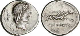 Calpurnia
Denario. 90-89 a.C. CALPURNIA. L. Calpurnius Piso Frugi. Anv.: Cabeza de Apolo a derecha, detrás antílope. Rev.: Jinete galopando a derecha...