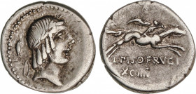 Calpurnia
Denario. 90-89 a.C. CALPURNIA. L. Calpurnius Piso Frugi. Anv.: Grano. Rev.: L. PISO FRVGI / XCIIII. 3,84 grs. AR. Cal-307; FFC-243. MBC.