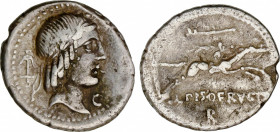 Calpurnia
Denario. 90-89 a.C. CALPURNIA. L. Calpurnius Piso Frugi. Anv.: Cabeza de Apolo a derecha, entre ancla y letra C. Rev.: Jinete galopando a d...