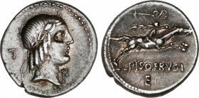 Calpurnia
Denario. 90-89 a.C. CALPURNIA. L. Calpurnius Piso Frugi. Anv.: Cabeza de Apolo a derecha, detrás T, bajo el mentón F. Rev.: L. PISO FRVGI /...