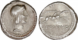 Calpurnia
Denario. 90-89 a.C. CALPURNIA. L. Calpurnius Piso Frugi. Anv.: Cabeza de Apolo a derecha (sin símbolo). Rev.: Jinete galopando a derecha en...