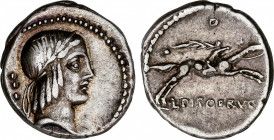 Calpurnia
Denario. 90-89 a.C. CALPURNIA. L. Calpurnius Piso Frugi. Anv.: Cabeza de Apolo a derecha, detrás tres puntos en vertical. Rev.: L. PISO FRV...