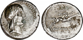 Calpurnia
Denario. 90-89 a.C. CALPURNIA. L. Calpurnius Piso Frugi. Anv.: Cabeza de Apolo a derecha, detrás dos puntos en vertical, bajo el mentón, pu...