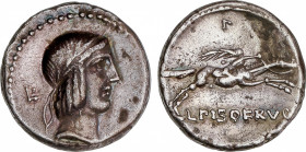 Calpurnia
Denario. 90-89 a.C. CALPURNIA. L. Calpurnius Piso Frugi. Anv.: Cabeza de Apolo a derecha, detrás L con punto. Rev.: L. PISO FRVGI. Encima d...