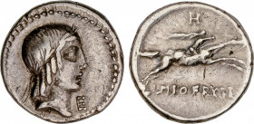 Calpurnia
Denario. 90-89 a.C. CALPURNIA. L. Calpurnius Piso Frugi. Anv.: Cabeza de Apolo a derecha, debajo del mentón E. Rev.: Jinete galopando a der...