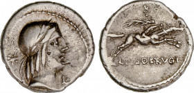 Calpurnia
Denario. 90-89 a.C. CALPURNIA. L. Calpurnius Piso Frugi. Anv.: Cabeza de Apolo a derecha entre estrella y I. Rev.: Jinete galopando a derec...