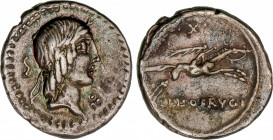 Calpurnia
Denario. 90-89 a.C. CALPURNIA. L. Calpurnius Piso Frugi. Anv.: Cabeza de Apolo a derecha entre S y tres puntos. Rev.: Jinete galopando a de...