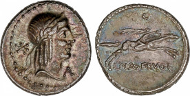 Calpurnia
Denario. 90-89 a.C. CALPURNIA. L. Calpurnius Piso Frugi. Anv.: Cabeza de Apolo a derecha, detrás estrella, debajo del mentón A. Rev.: L. PI...