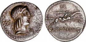 Calpurnia
Denario. 90-89 a.C. CALPURNIA. L. Calpurnius Piso Frugi. Anv.: Cabeza de Apolo a derecha, detrás estrella, debajo del mentón signo fraccion...