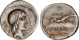 Calpurnia
Denario. 90-89 a.C. CALPURNIA. L. Calpurnius Piso Frugi. Anv.: Cabeza de Apolo a derecha entre ancla y letra O. Rev.: Jinete galopando a de...