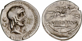 Calpurnia
Denario. 90-89 a.C. CALPURNIA. L. Calpurnius Piso Frugi. Anv.: Cabeza de Apolo a derecha entre dos puntos y A. Rev.: Jinete galopando a der...