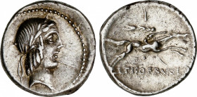 Calpurnia
Denario. 90-89 a.C. CALPURNIA. L. Calpurnius Piso Frugi. Anv.: Cabeza de Apolo a derecha. Rev.: Jinete galopando a derecha entre letra I y ...