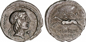 Calpurnia
Denario. 90-89 a.C. CALPURNIA. L. Calpurnius Piso Frugi. RARA. Anv.: Cabeza de Apolo a derecha entre ROMA y T con guión encima. Rev.: Jinet...