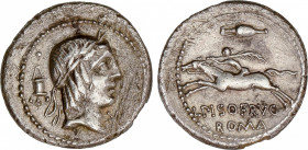 Calpurnia
Denario. 90-89 a.C. CALPURNIA. L. Calpurnius Piso Frugi. RARA. Anv.: Cabeza de Apolo a derecha entre lámpara entre uno y tres puntos y ¶. R...
