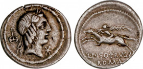 Calpurnia
Denario. 90-89 a.C. CALPURNIA. L. Calpurnius Piso Frugi. Anv.: Cabeza de Apolo a derecha entre hacha doble y ¶. Rev.: L. PISO FRVGI / ROMA....
