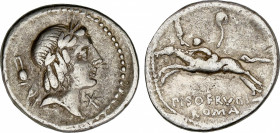 Calpurnia
Denario. 90-89 a.C. CALPURNIA. L. Calpurnius Piso Frugi. Anv.: Cabeza de Apolo a derecha entre ánfora y ¶. Rev.: Jinete con antorcha galopa...