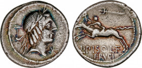 Calpurnia
Denario. 90-89 a.C. CALPURNIA. L. Calpurnius Piso Frugi. Anv.: Cabeza de Apolo a derecha, entre ancla y ¶. Rev.: Jinete con antorcha galopa...