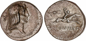 Calpurnia
Denario. 64 a.C. CALPURNIA. C. Calpurnius Piso Frugi. Anv.: Cabeza de Apolo a derecha, detrás Y. Rev.: Jinete alado galopando a derecha ent...