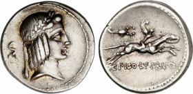 Calpurnia
Denario. 64 a.C. CALPURNUA. C. Calpurnius Piso Frugi. Anv.: Cabeza de Apolo a derecha, detrás S. Rev.: Escorpión y C. PISO L. F. FRVG. 3,91...