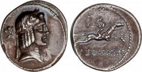 Calpurnia
Denario. 64 a.C. CALPURNIA. C. Calpurnius Piso Frugi. Anv.: Cabeza de Apolo a derecha, detrás mariposa. Rev.: (C). PISO L. F. FRVG. Encima ...