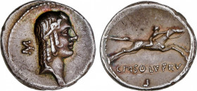 Calpurnia
Denario. 64 a.C. CALPURNIA. C. Calpurnius Piso Frugi. Anv.: Cabeza de Apolo a derecha, detrás, M. Rev.: C. PISO L. F. FRV. Debajo del jinet...