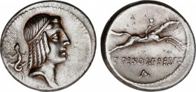 Calpurnia
Denario. 64 a.C. CALPURNIA. C. Calpurnius Piso Frugi. Anv.: Cabeza de Apolo a derecha, detrás lagartija. Rev.: C. PISO L. F. FRV. Debajo de...