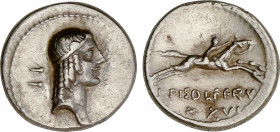 Calpurnia
Denario. 64 a.C. CALPURNIA. C. Calpurnius Piso Frugi. RARA. Anv.: Cabeza de Apolo a derecha, detrás símbolo en forma de dos clavos horizont...