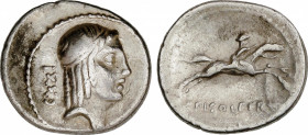 Calpurnia
Denario. 64 a.C. CALPURNIA. C. Calpurnius Piso Frugi. Anv.: Cabeza de Apolo a derecha, detrás CXXI. Rev.: Jinete con gorro plano galopando ...