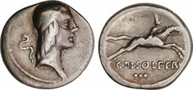 Calpurnia
Denario. 64 a.C. CALPURNIA. C. Calpurnius Piso Frugi. Anv.: Cabeza de Apolo a derecha, detrás serpiente. Rev.: Jinete con gorro picudo (tut...