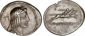 Calpurnia
Denario. 64 a.C. CALPURNIA. C. Calpurnius Piso Frugi. Anv.: Cabeza de Apolo a derecha, detrás letra griega ¶(pi). Rev.: Jinete galopando a ...