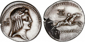 Calpurnia
Denario. 64 a.C. CALPURNIA. C. Calpurnius Piso Frugi. BELLA. Anv.: Cabeza de Apolo a derecha, detrás signo fraccionario. Rev.: C. PISO L. F...