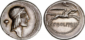 Calpurnia
Denario. 64 a.C. CALPURNIA. C. Calpurnius Piso Frugi. Anv.: Cabeza de Apolo a derecha, detrás martillo. Rev.: Jinete galopando a derecha en...