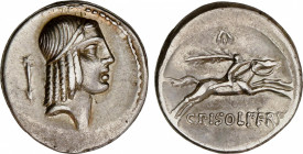 Calpurnia
Denario. 64 a.C. CALPURNIA. C. Calpurnius Piso Frugi. Anv.: Cabeza de Apolo a derecha, detrás flecha. Rev.: Jinete galopando a derecha entr...
