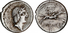 Calpurnia
Denario. 64 a.C. CALPURNIA. C. Calpurnius Piso Frugi. Anv.: Cabeza de Apolo a derecha, detrás arado. Rev.: Jinete con cabeza desnuda galopa...