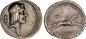 Calpurnia
Denario. 64 a.C. CALPURNIA. C. Calpurnius Piso Frugi. Anv.: Cabeza de Apolo a derecha, detrás ¿oreja?. Rev.: Jinete galopando a derecha, de...