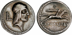 Calpurnia
Denario. 64 a.C. CALPURNIA. C. Calpurnius Piso Frugi. Anv.: Cabeza de Apolo a derecha, detrás arpa. Rev.: Jinete galopando a derecha entre ...