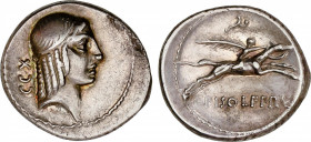 Calpurnia
Denario. 64 a.C. CALPURNIA. C. Calpurnius Piso Frugi. Anv.: Cabeza de Apolo a derecha, detrás número CCX. Rev.: Jinete galopando a derecha ...