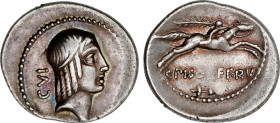 Calpurnia
Denario. 64 a.C. CALPURNIA. C. Calpurnius Piso Frugi. Anv.: Cabeza de Apolo a derecha, detrás número CVI. Rev.: C. PISO L. F. FRV / Pomo de...