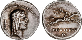 Calpurnia
Denario. 64 a.C. CALPURNIA. C. Calpurnius Piso Frugi. Anv.: Cabeza de Apolo a derecha, detrás peine. Rev.: C. PISO L. F. FRV / letra A. 3,7...