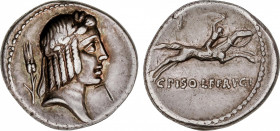 Calpurnia
Denario. 64 a.C. CALPURNIA. C. Calpurnius Piso Frugi. ESCASA. Anv.: Cabeza de Apolo a derecha, detrás espiga de trigo. Rev.: Jinete galopan...
