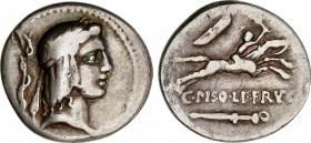 Calpurnia
Denario. 64 a.C. CALPURNIA. C. Calpurnius Piso Frugi. ESCASA. Anv.: Cabeza de Apolo a derecha detrás serpiente enrollada en un bastón. Rev....