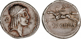 Calpurnia
Denario. 64 a.C. CALPURNIA. C. Calpurnius Piso Frugi. Anv.: Cabeza de Apolo a derecha , detrás número griego. Rev.: Jinete galopando a izqu...