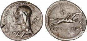 Calpurnia
Denario. 64 a.C. CALPURNIA. C. Calpurnius Piso Frugi. ESCASA. Anv.: Cabeza de Apolo a izquierda, detrás caduceo alado. Rev.: Jinete galopan...