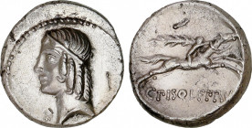 Calpurnia
Denario. 64 a.C. CALPURNIA. C. Calpurnius Piso Frugi. Anv.: Cabeza de Apolo a izquierda, detrás número I. Rev.: Jinete galopando a derecha ...