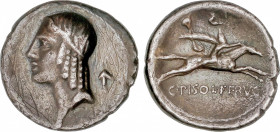 Calpurnia
Denario. 64 a.C. CALPURNIA. C. Calpurnius Piso Frugi. Anv.: Cabeza de Apolo a izquierda, detrás flecha vertical. Rev.: Jinete galopando a d...