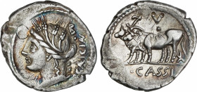 Cassia
Denario. 102 a.C. CASSIA. L. Cassius Caecianus. Anv.: Cabeza laureada de Ceres a izquierda, detrás B sobre punto y leyenda CAECIAN. Rev.: Dos ...