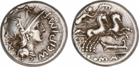 Cipia
Denario. 115-114 a.C. CIPIA. M. Cipius M.f. Anv.: Cabeza de Roma a derecha M. CIPI. M.F. detrás X. Rev.: Victoria con palma en biga a derecha, ...